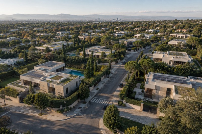 Urbanización residencial vista aérea — generación de term sheets